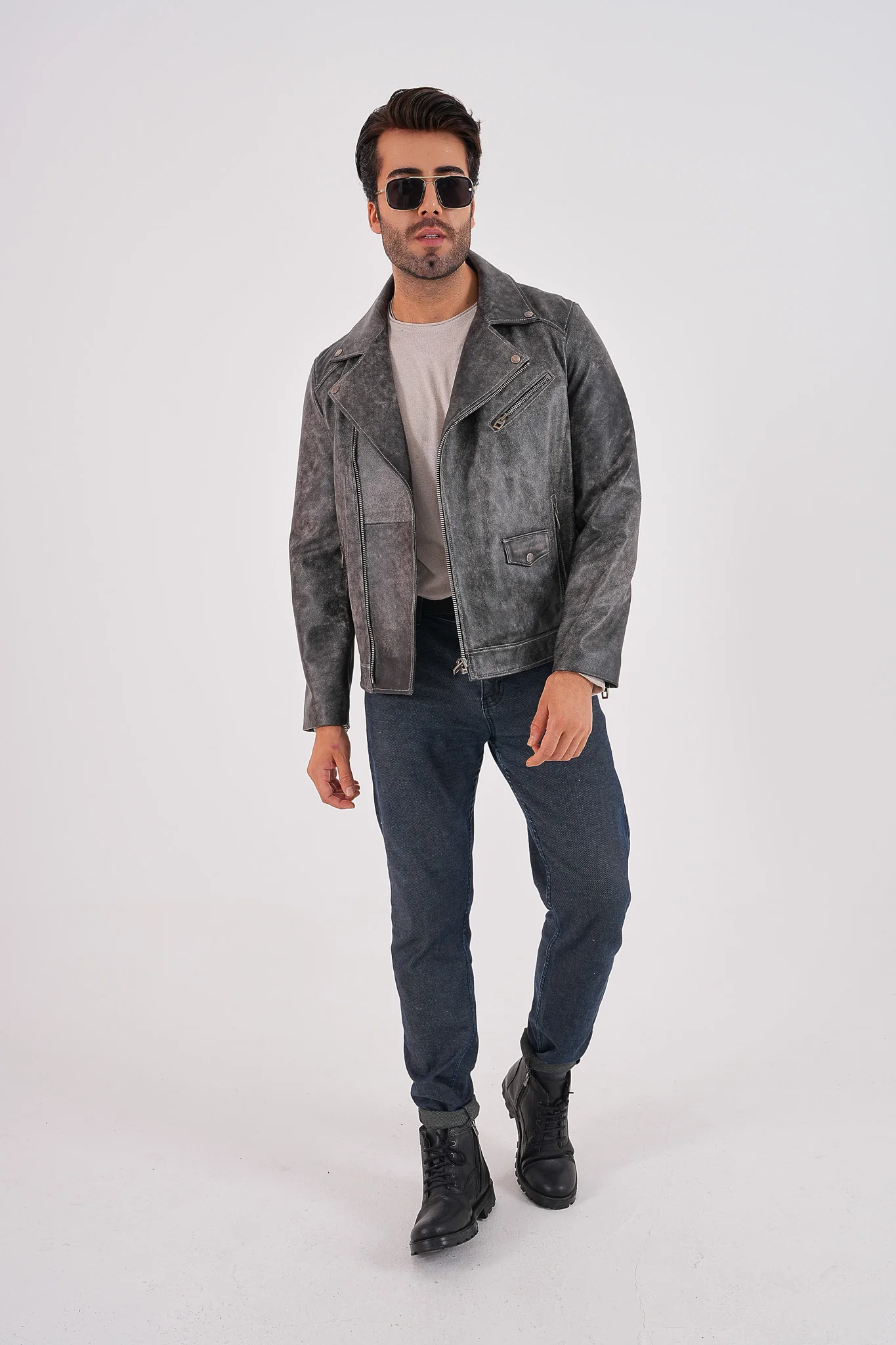 The Volt Textured Distressed Grey Leather Men Jacket - Image 8