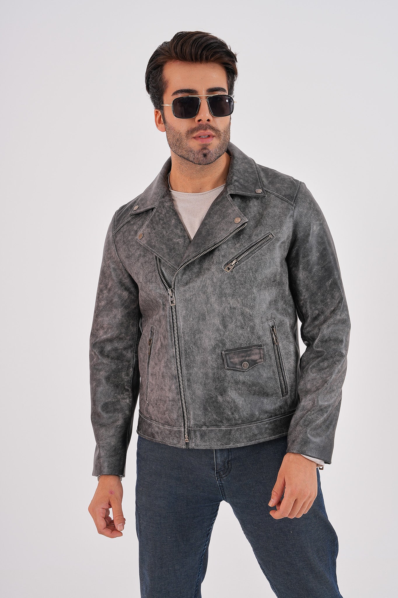 The Volt Textured Distressed Grey Leather Men Jacket - Image 9