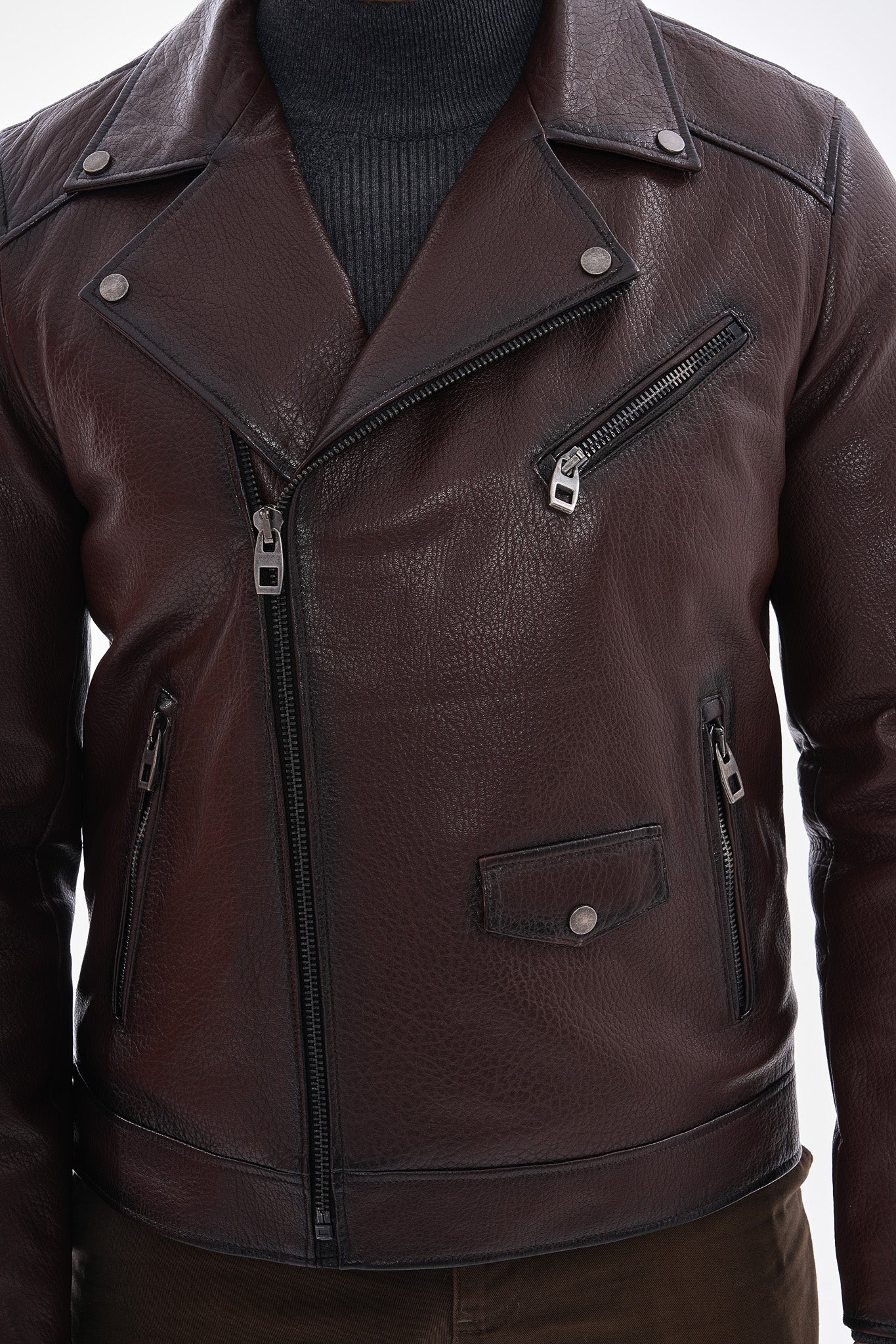 The Volt Textured Mahogany Leather Men Jacket - Image 7