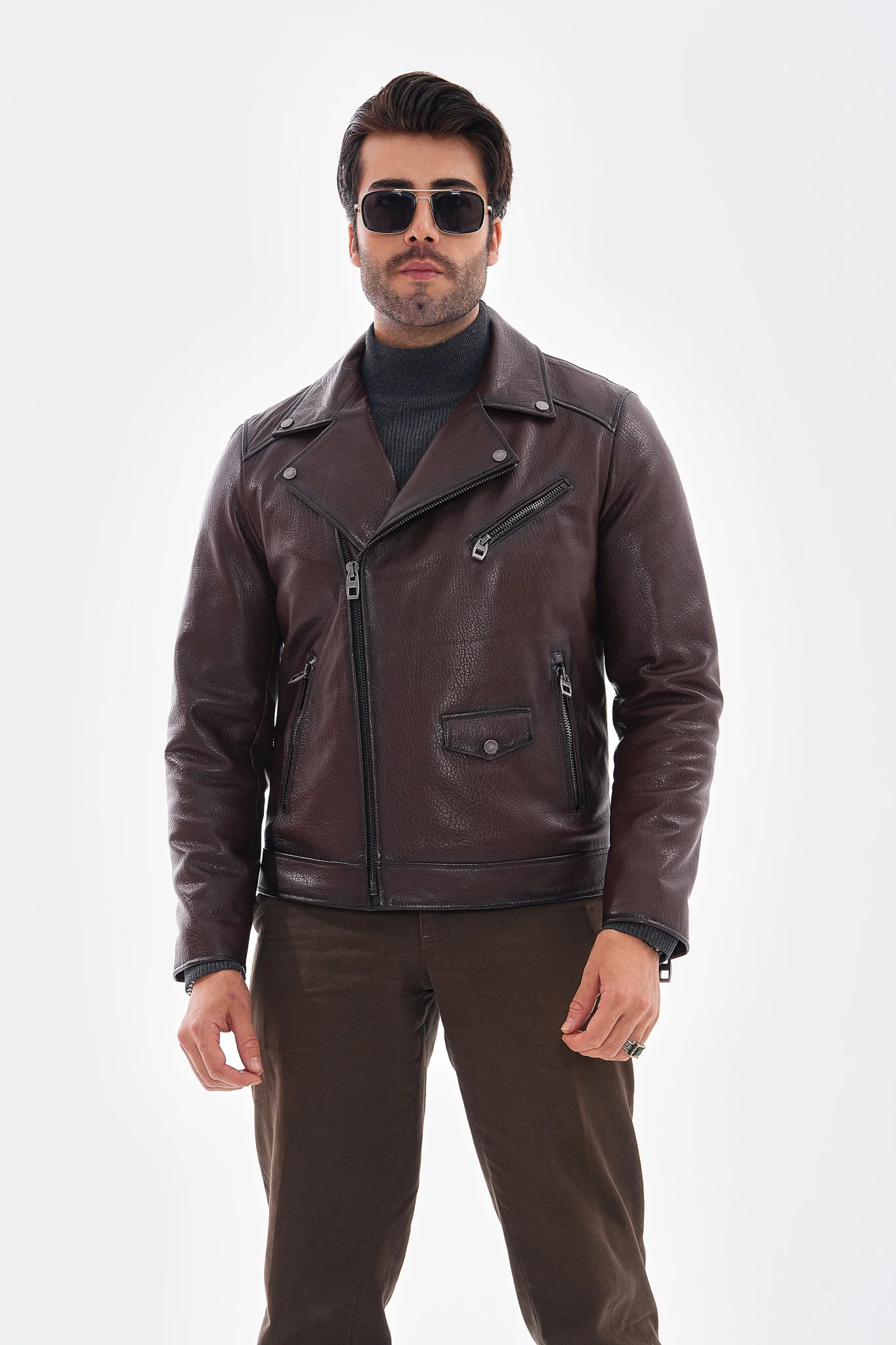The Volt Textured Mahogany Leather Men Jacket - Image 9