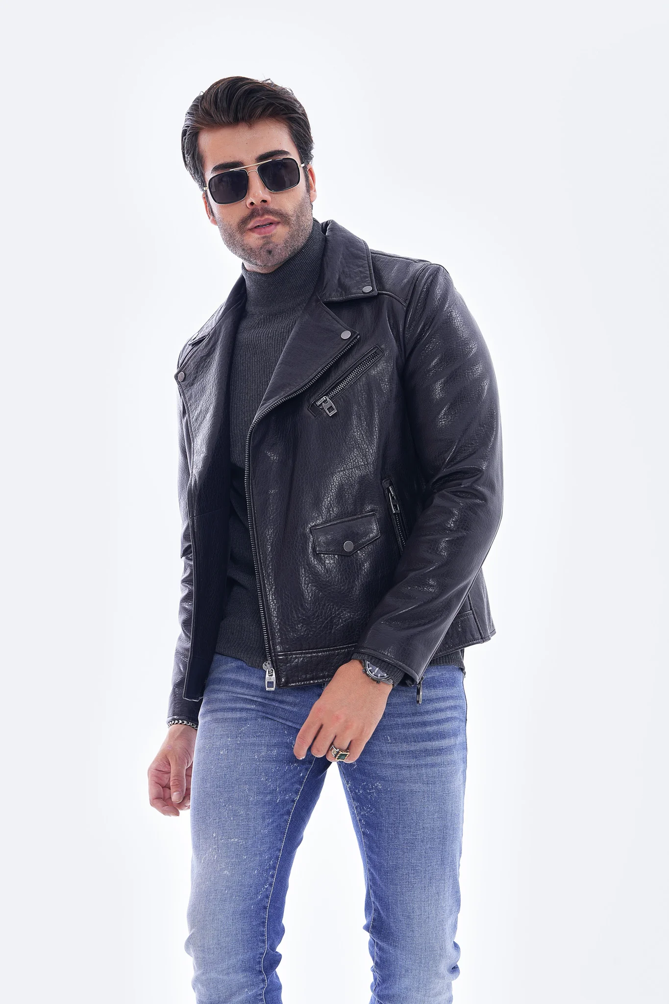 The Volt Textured Navy Blue Leather Men Jacket - Image 7