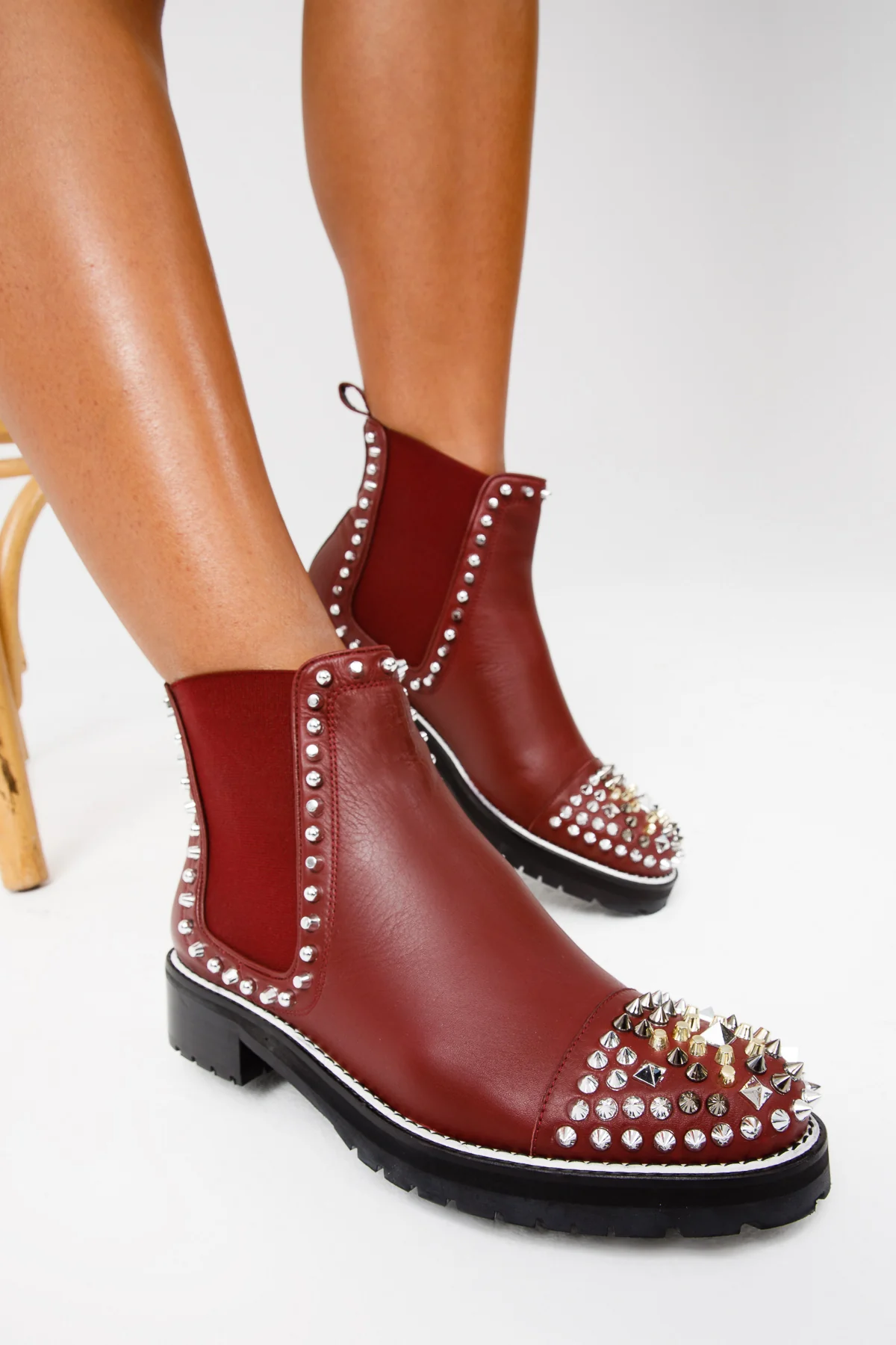 The Vuvulane Burgundy Spike Leather Ankle Women Boot - Image 12