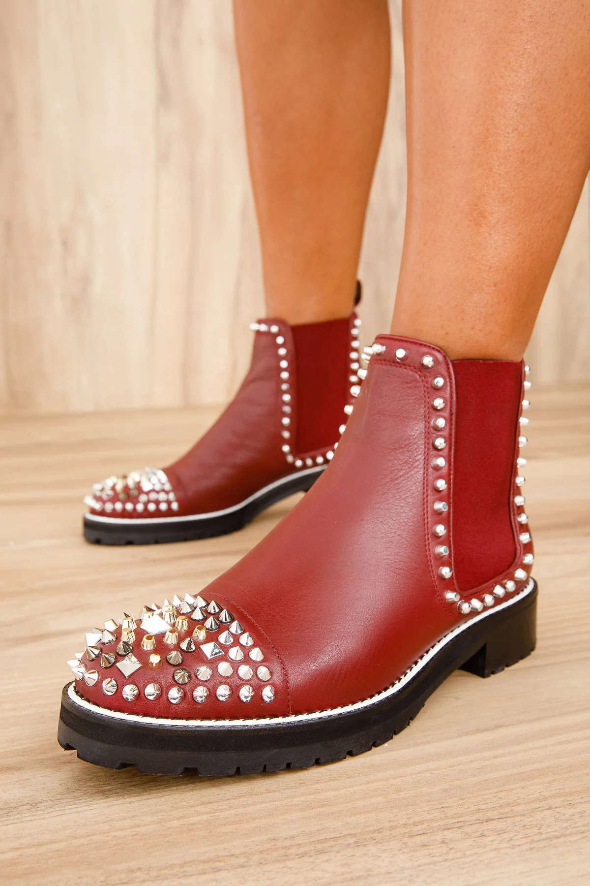 The Vuvulane Burgundy Spike Leather Ankle Women Boot - Image 3