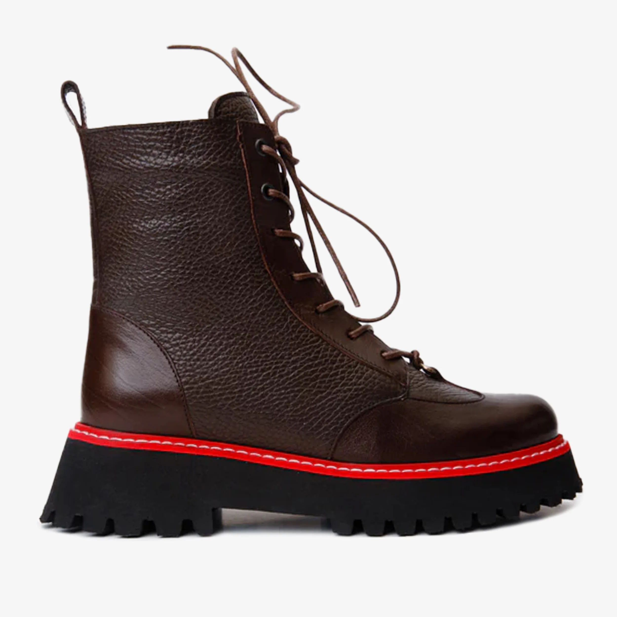 The Yildiz Brown Leather Lace-Up Ankle Women  Boot With a Side Zipper - Image 2