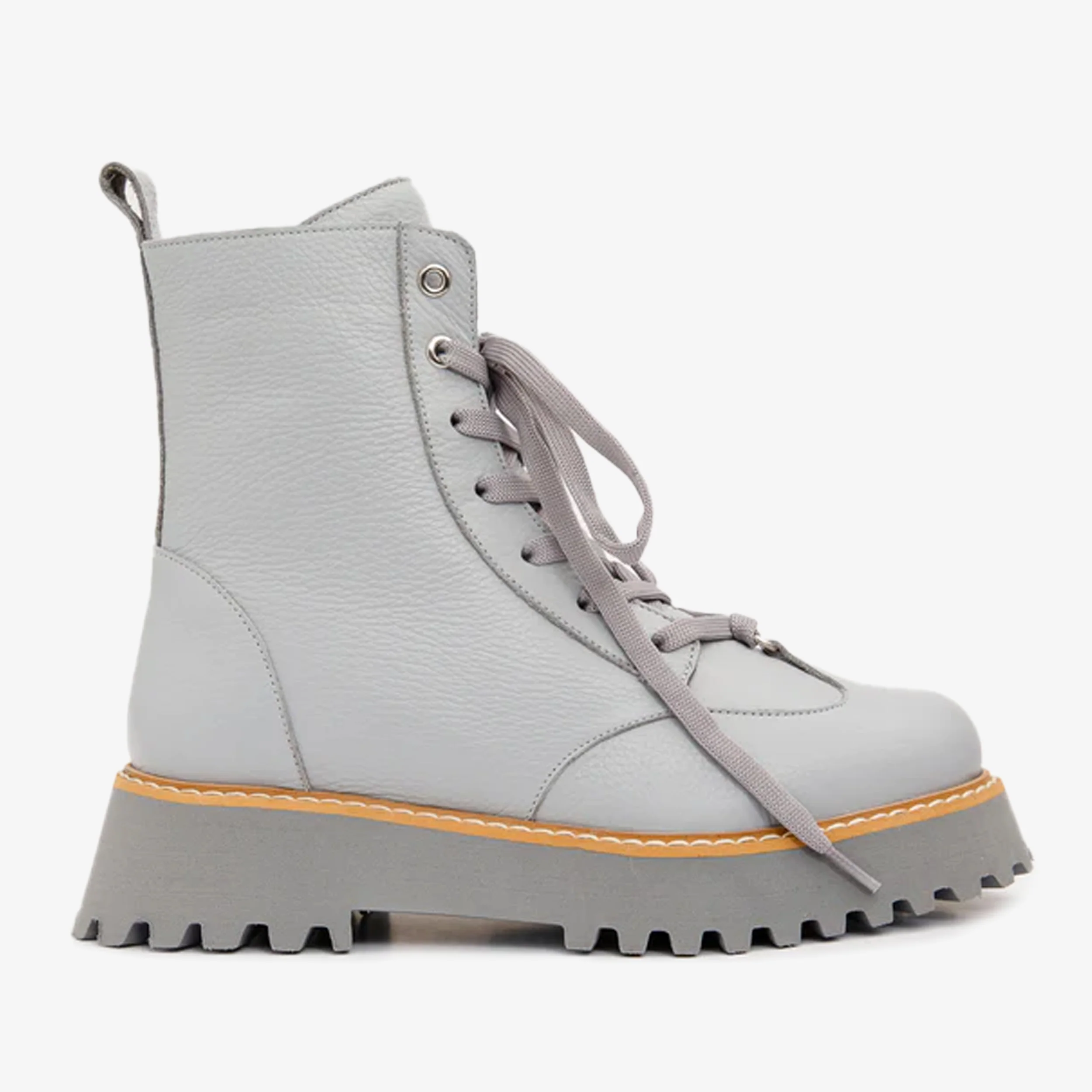 The Yildiz Grey Leather Lace-Up Ankle Women Boot With a Side Zipper - Image 2