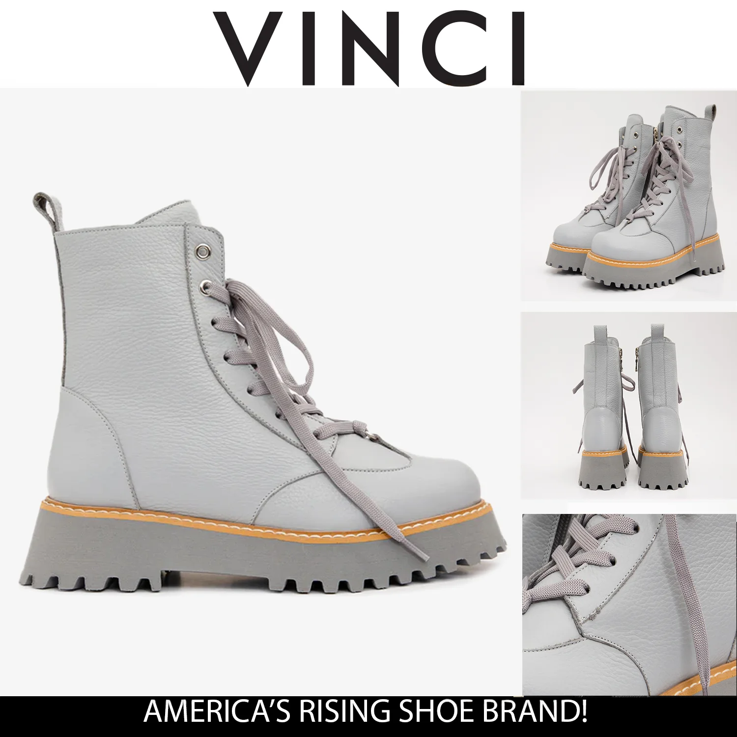 The Yildiz Grey Leather Lace-Up Ankle Women Boot With a Side Zipper - Image 7