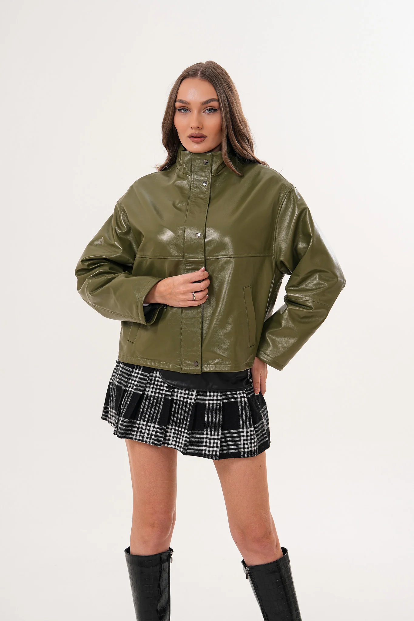 The Kireya Olive Green Genuine Leather Women Jacket - Image 15