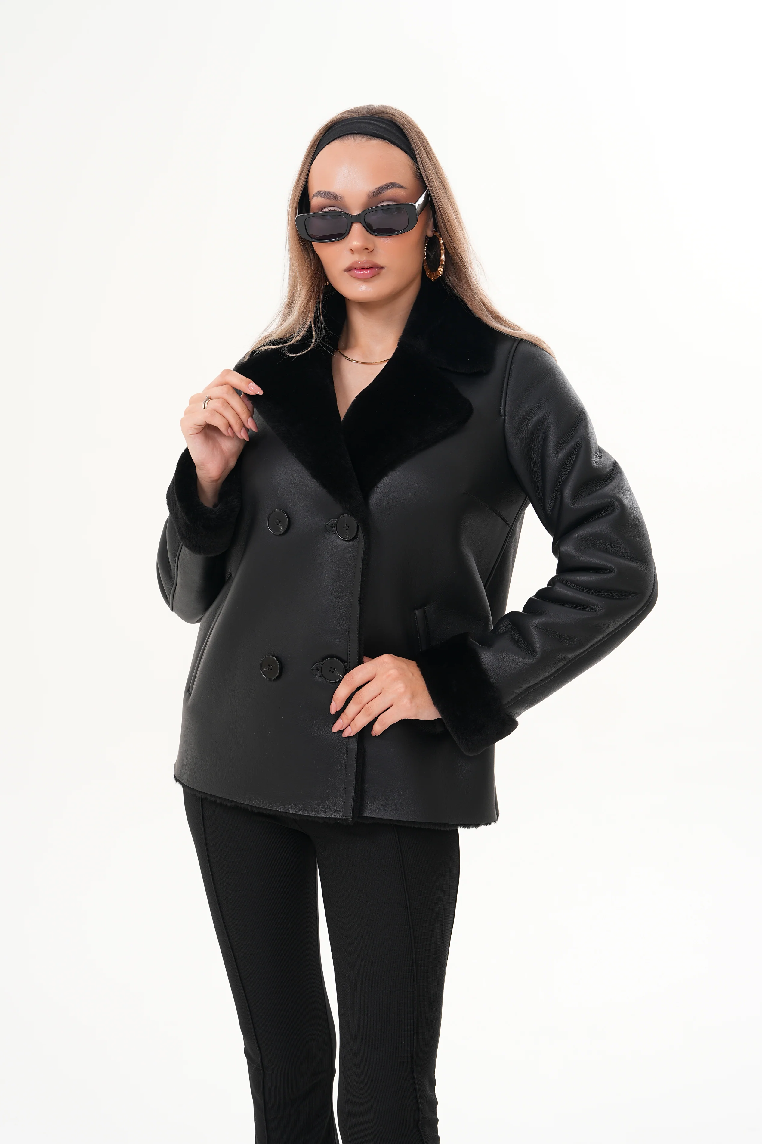 The Zurich Double-Breasted Black Shearling Leather Women Jacket - Image 13