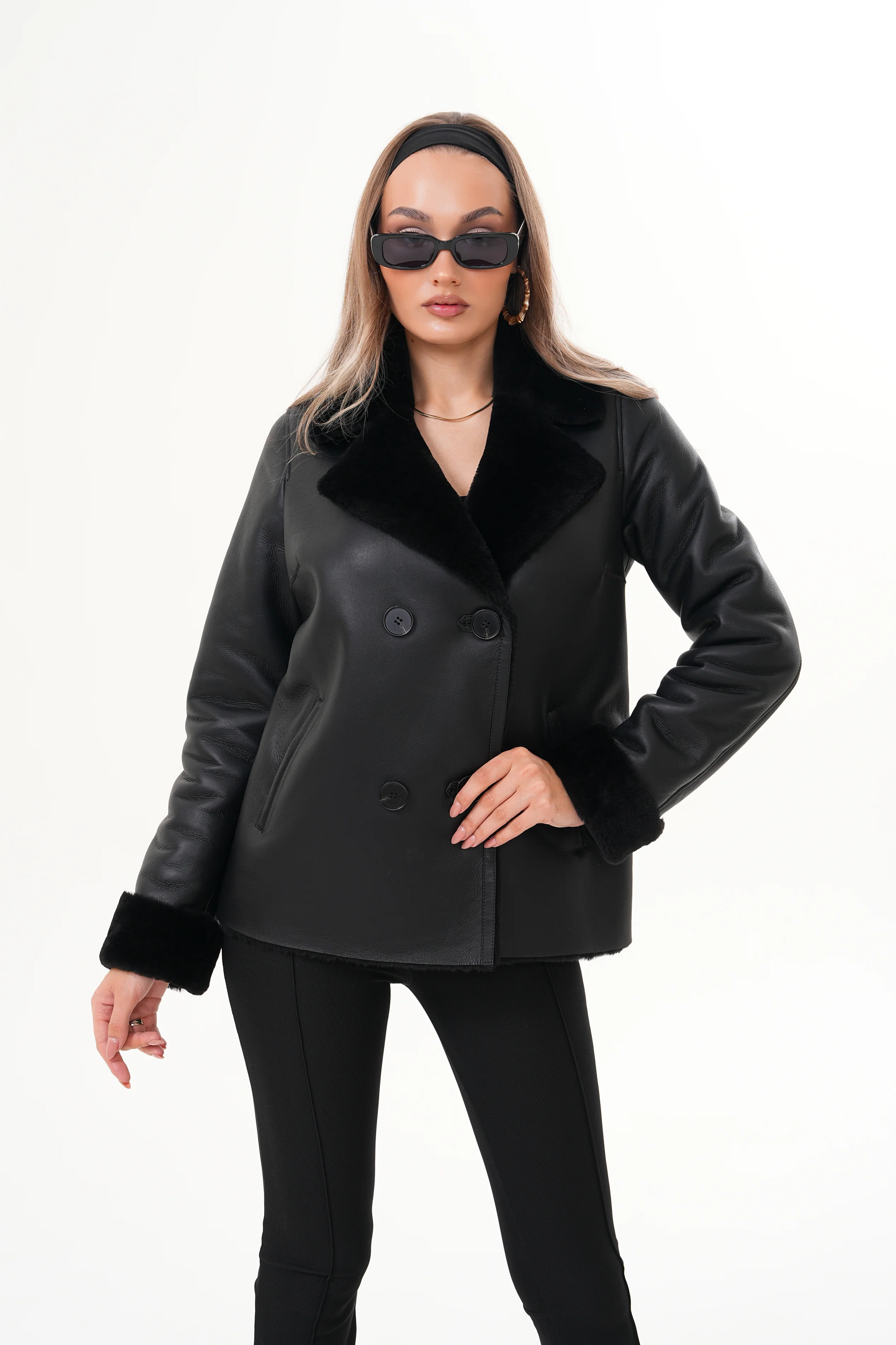 The Zurich Double-Breasted Black Shearling Leather Women Jacket - Image 16