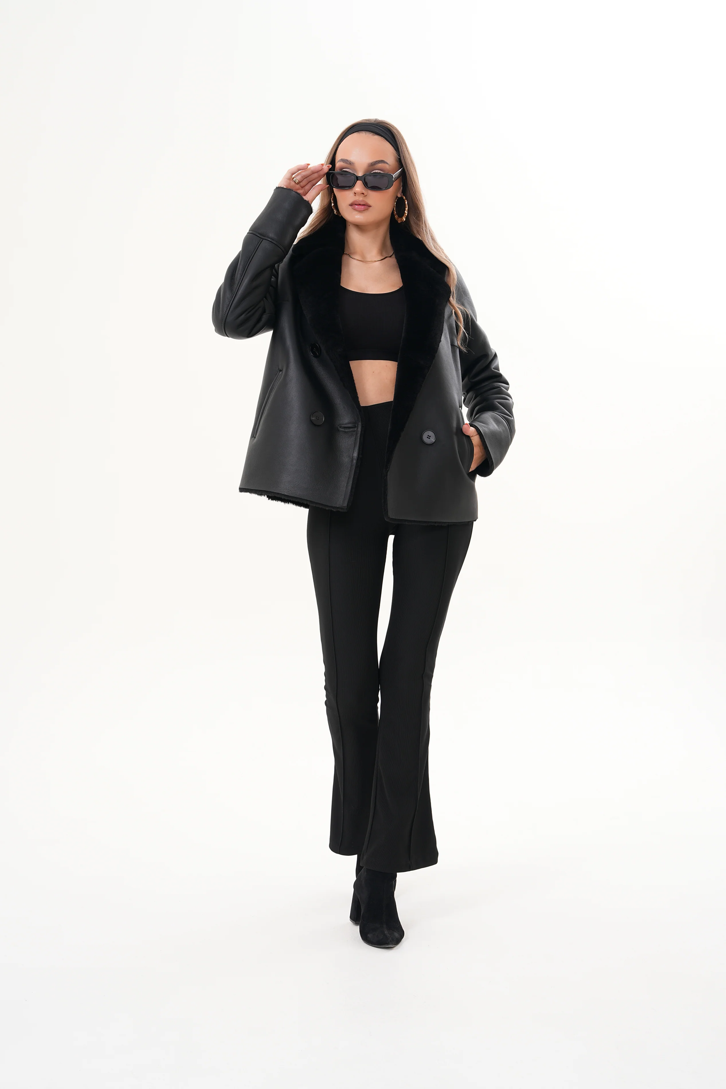 The Zurich Double-Breasted Black Shearling Leather Women Jacket - Image 8