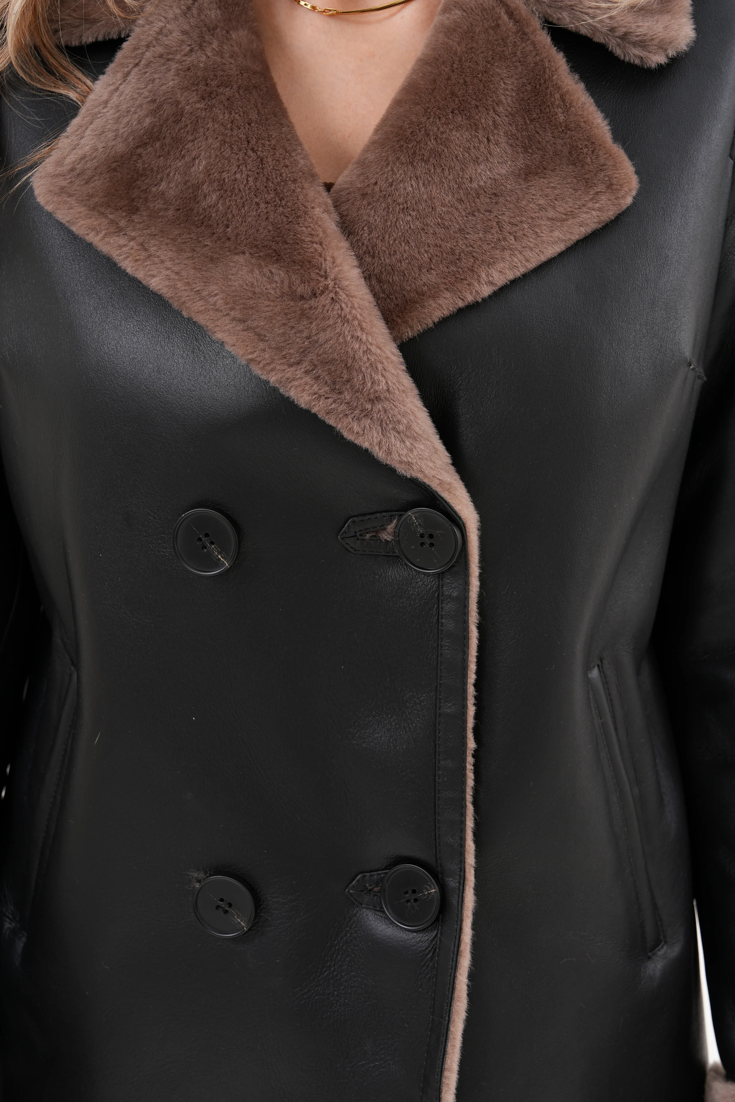 The Zurich Double-Breasted Brown Shearling Collar Leather Women Jacket - Image 12