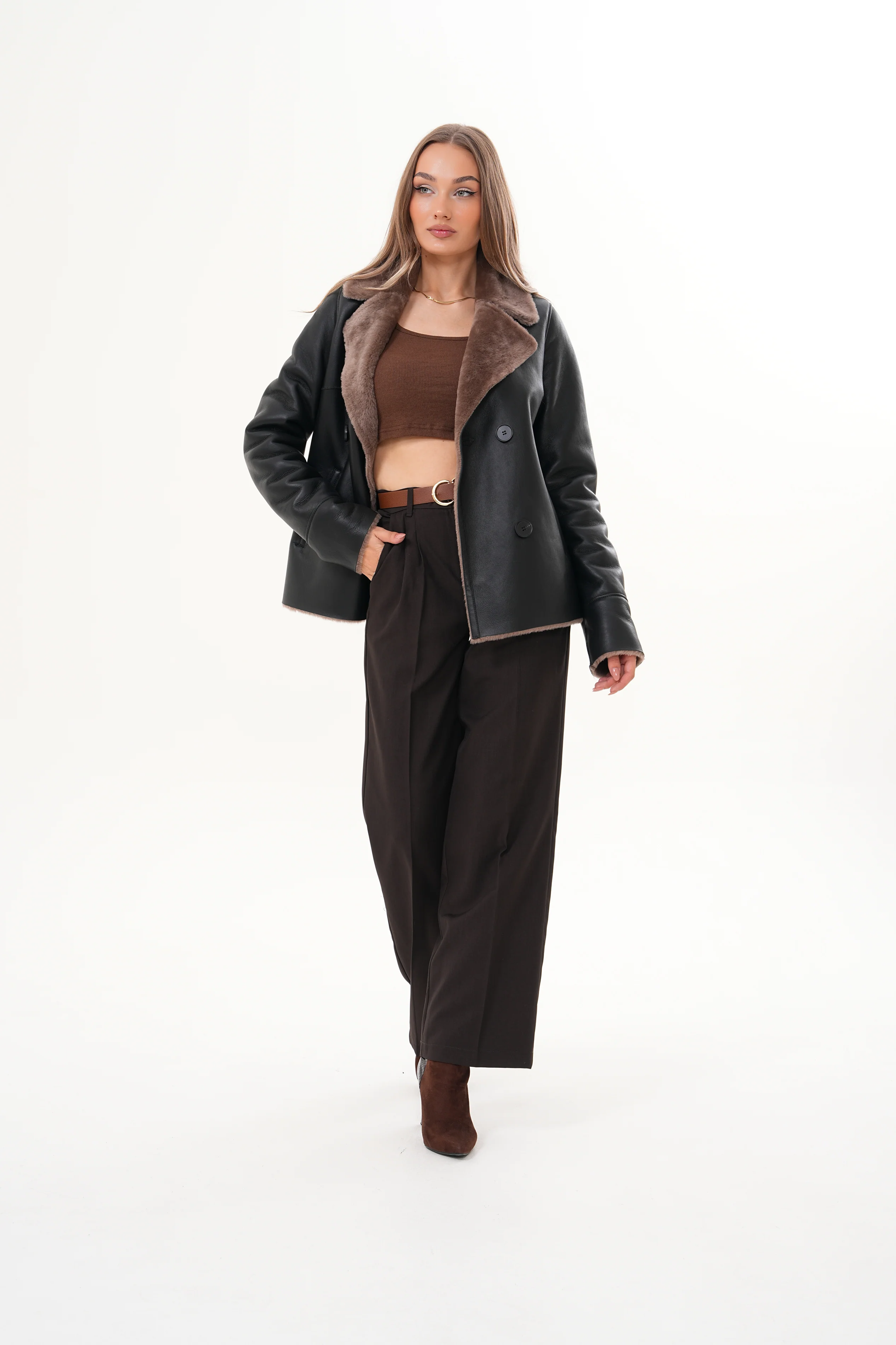 The Zurich Double-Breasted Brown Shearling Collar Leather Women Jacket - Image 13