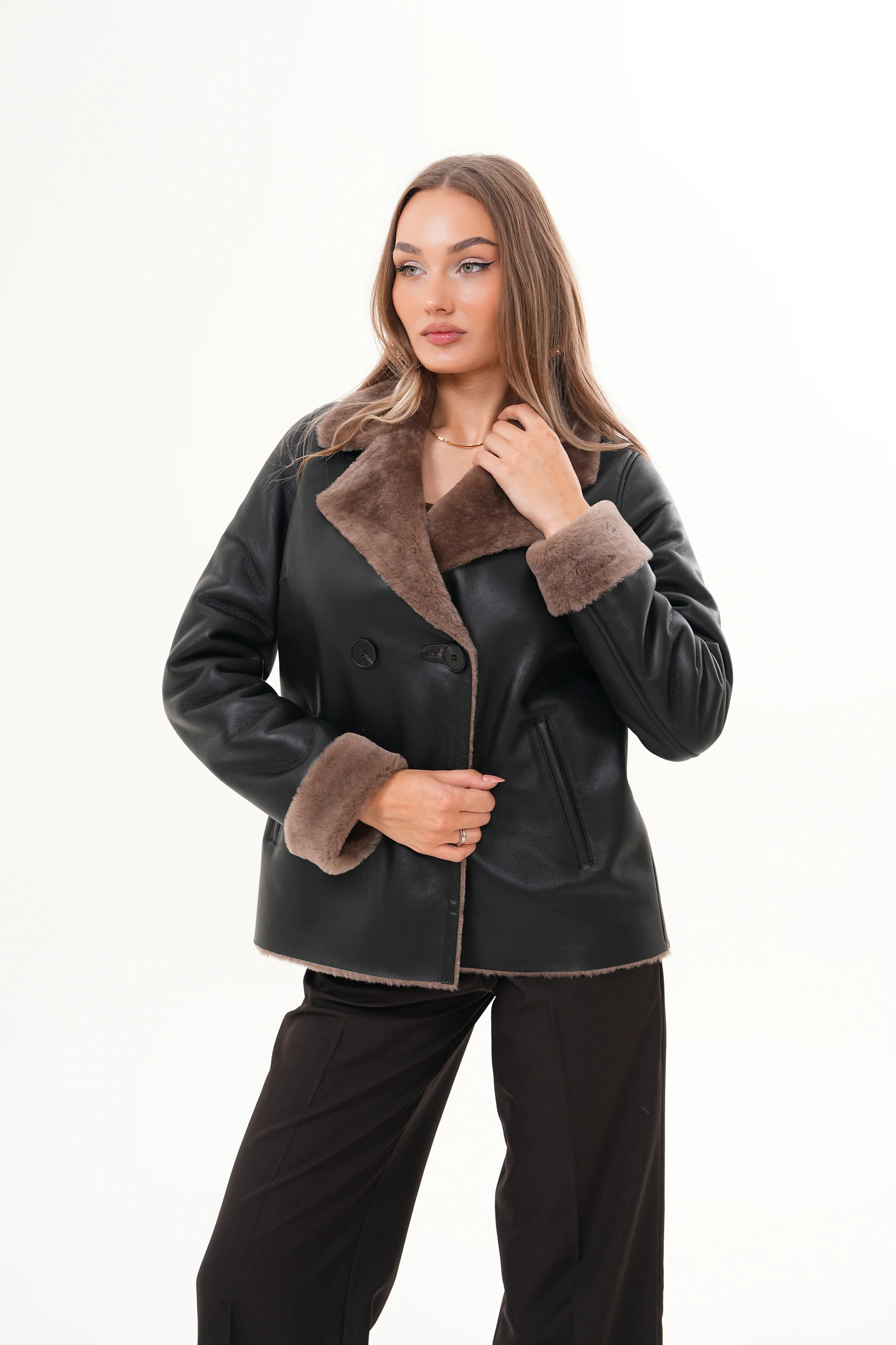 The Zurich Double-Breasted Brown Shearling Collar Leather Women Jacket - Image 6
