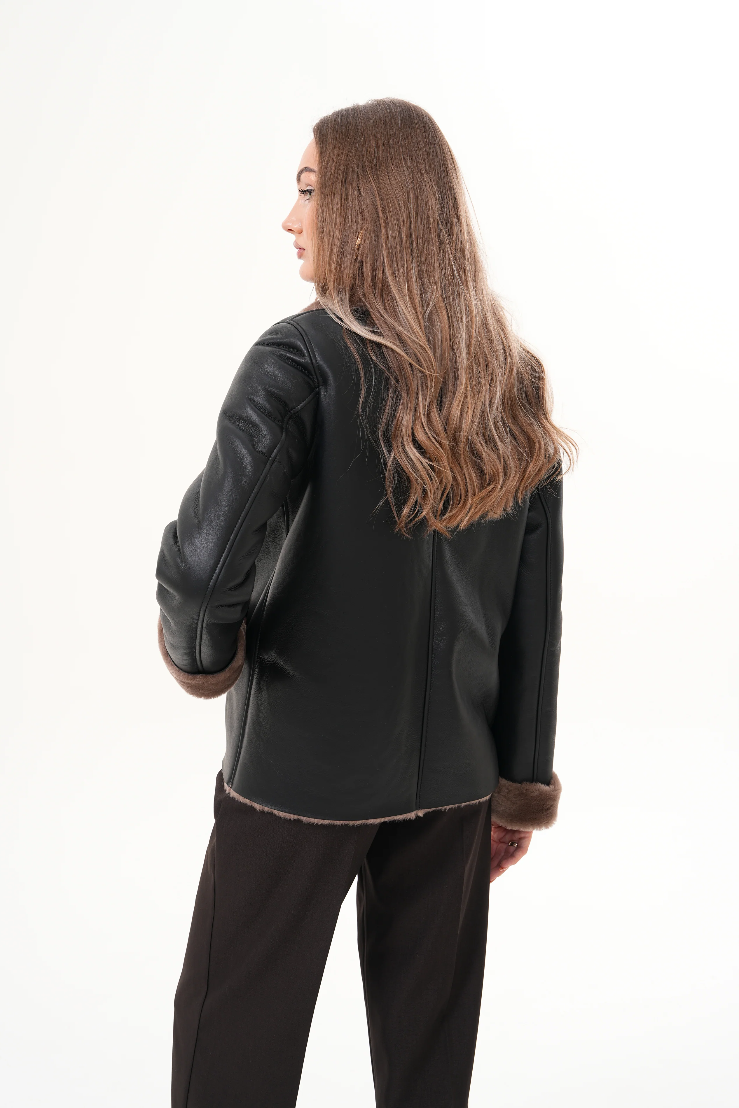 The Zurich Double-Breasted Brown Shearling Collar Leather Women Jacket - Image 9