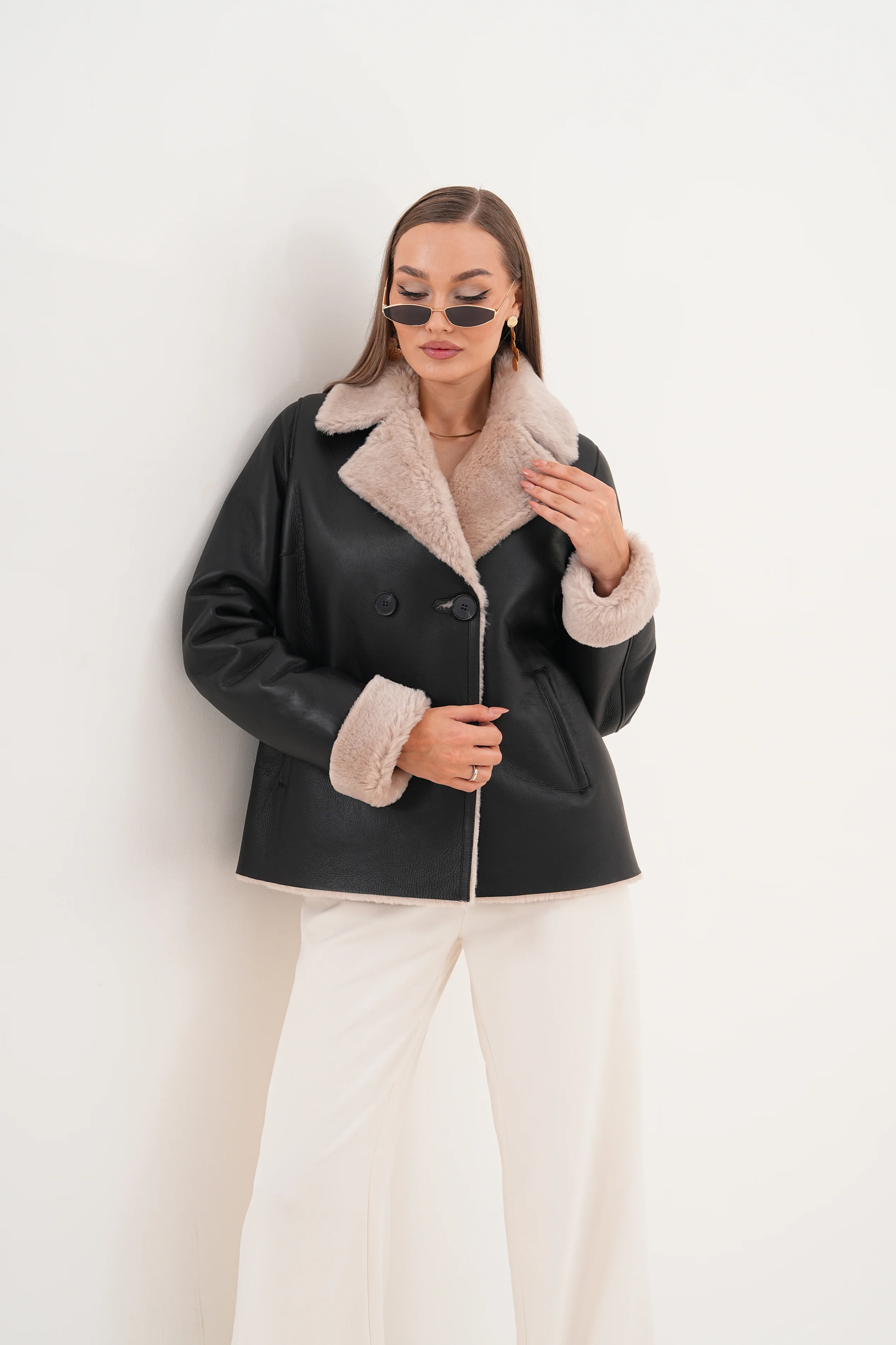 The Zurich Double-Breasted Cream Shearling Collar Leather Women Jacket - Image 10