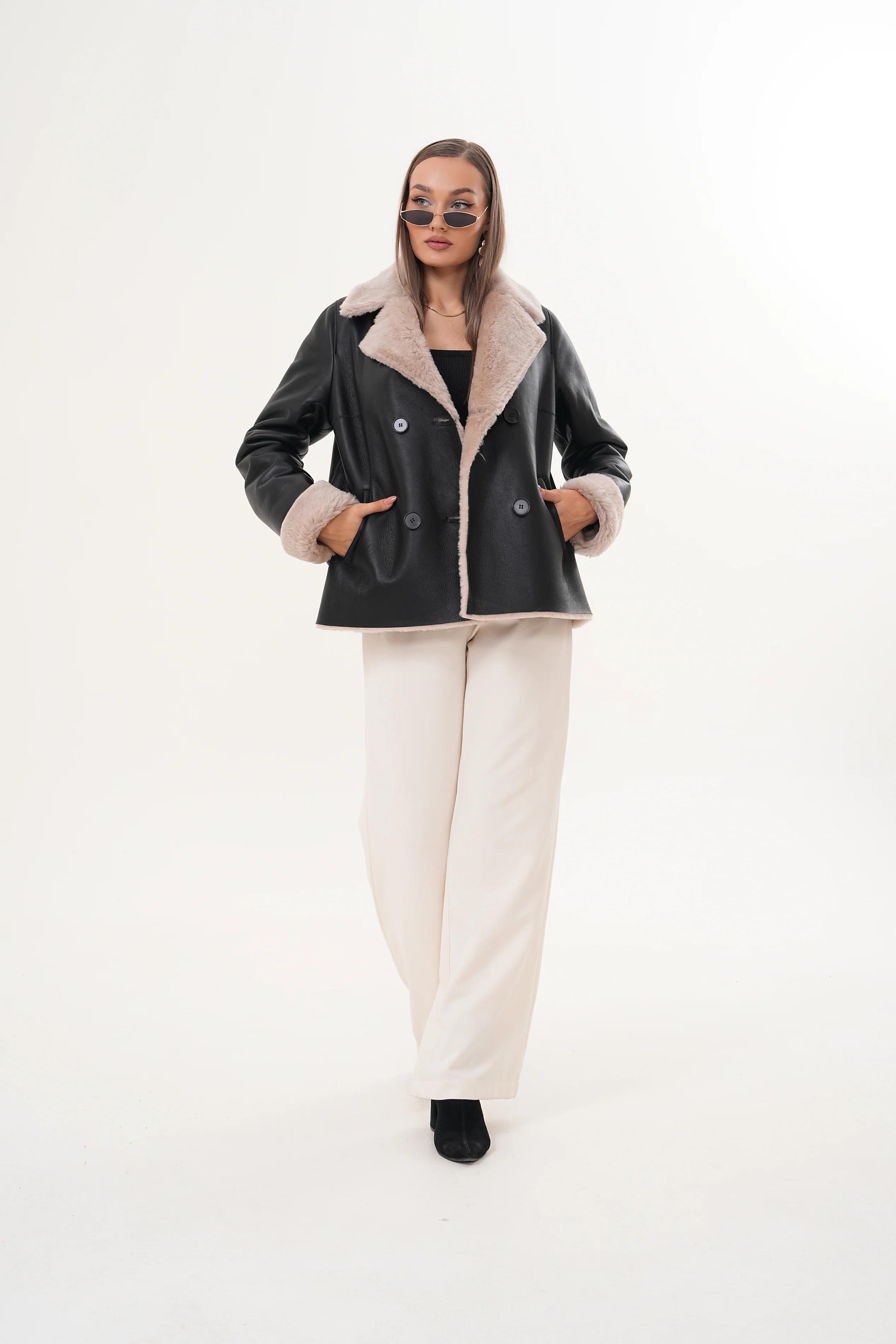 The Zurich Double-Breasted Cream Shearling Collar Leather Women Jacket - Image 2
