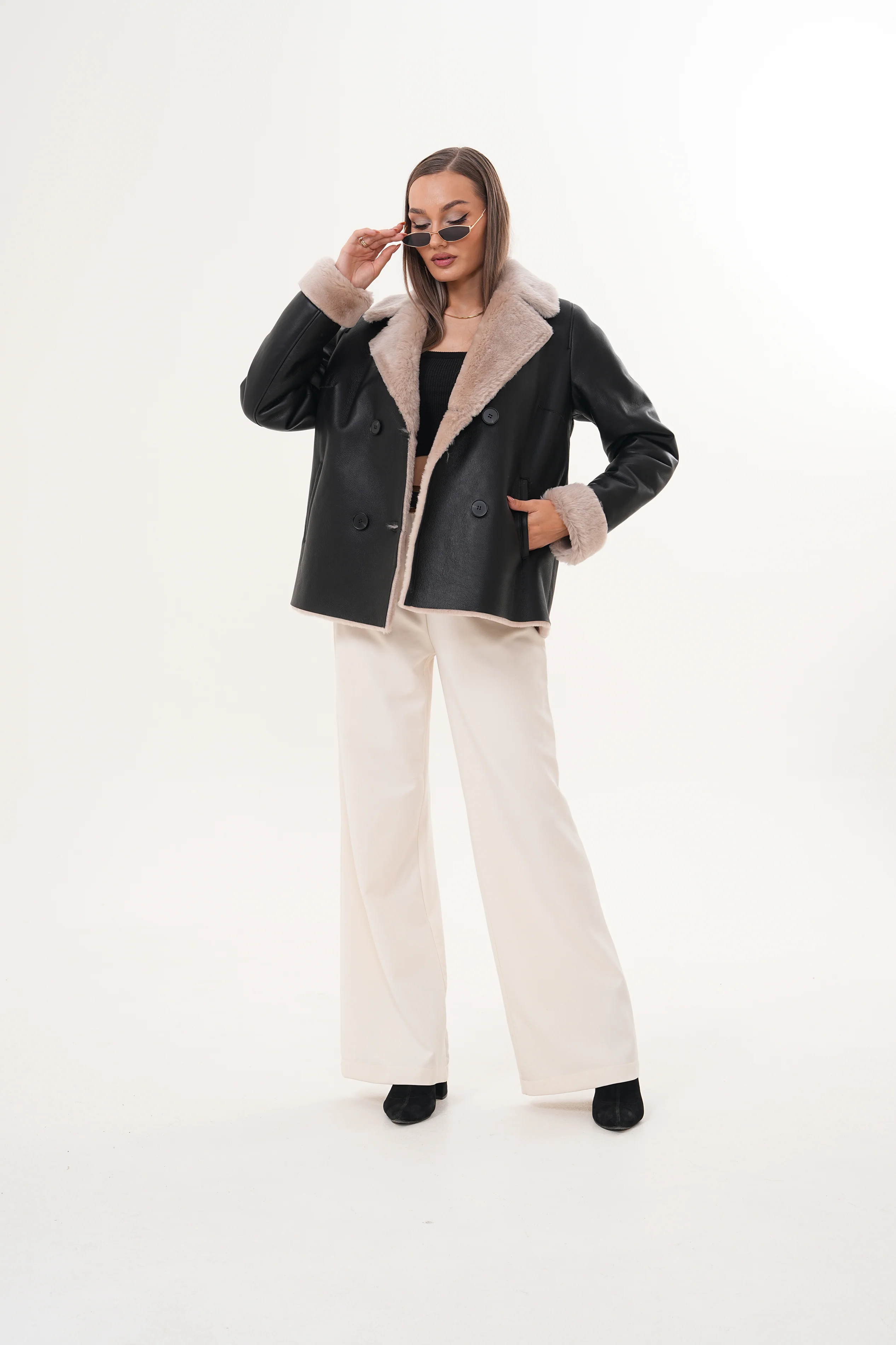 The Zurich Double-Breasted Cream Shearling Collar Leather Women Jacket - Image 3