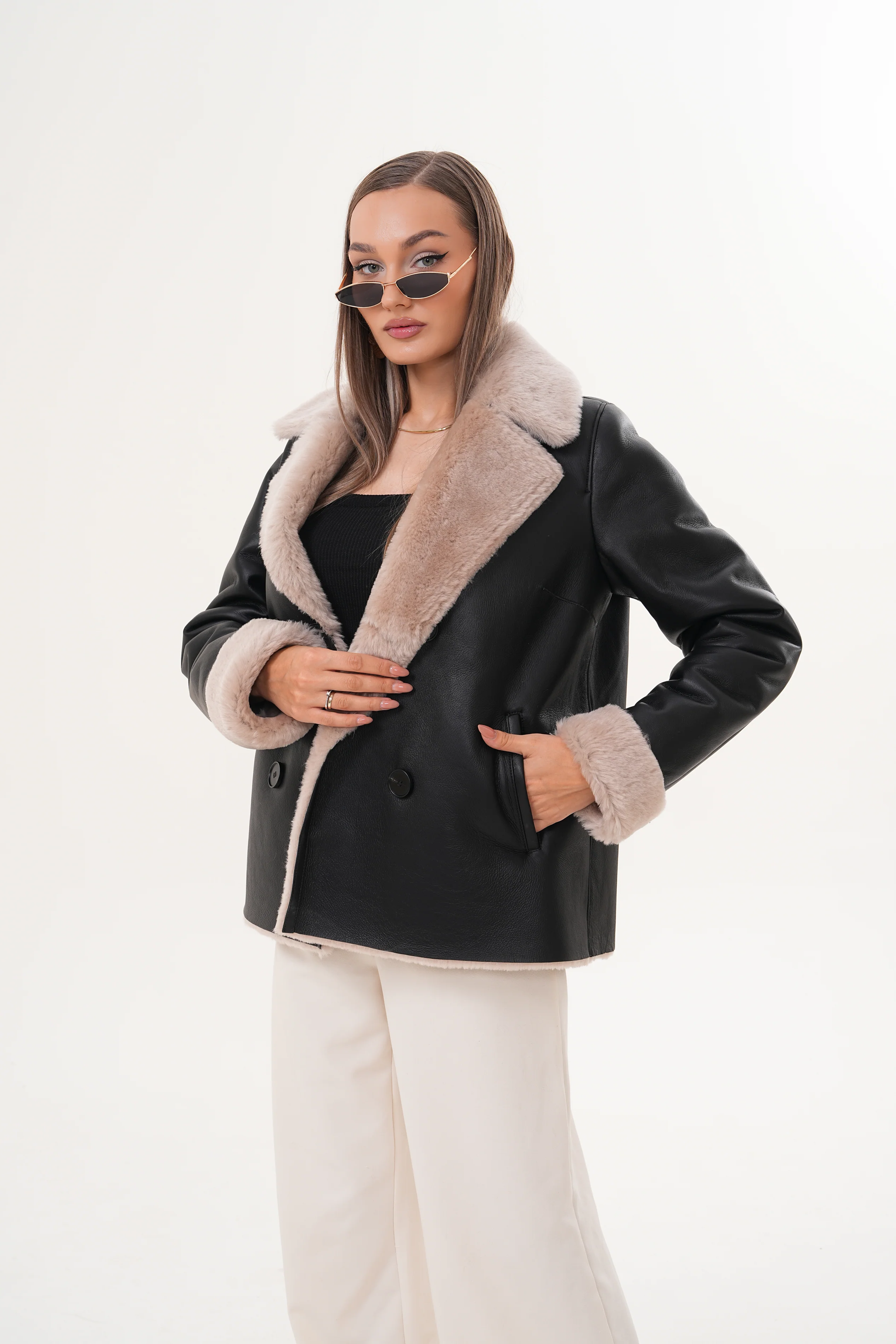 The Zurich Double-Breasted Cream Shearling Collar Leather Women Jacket - Image 6