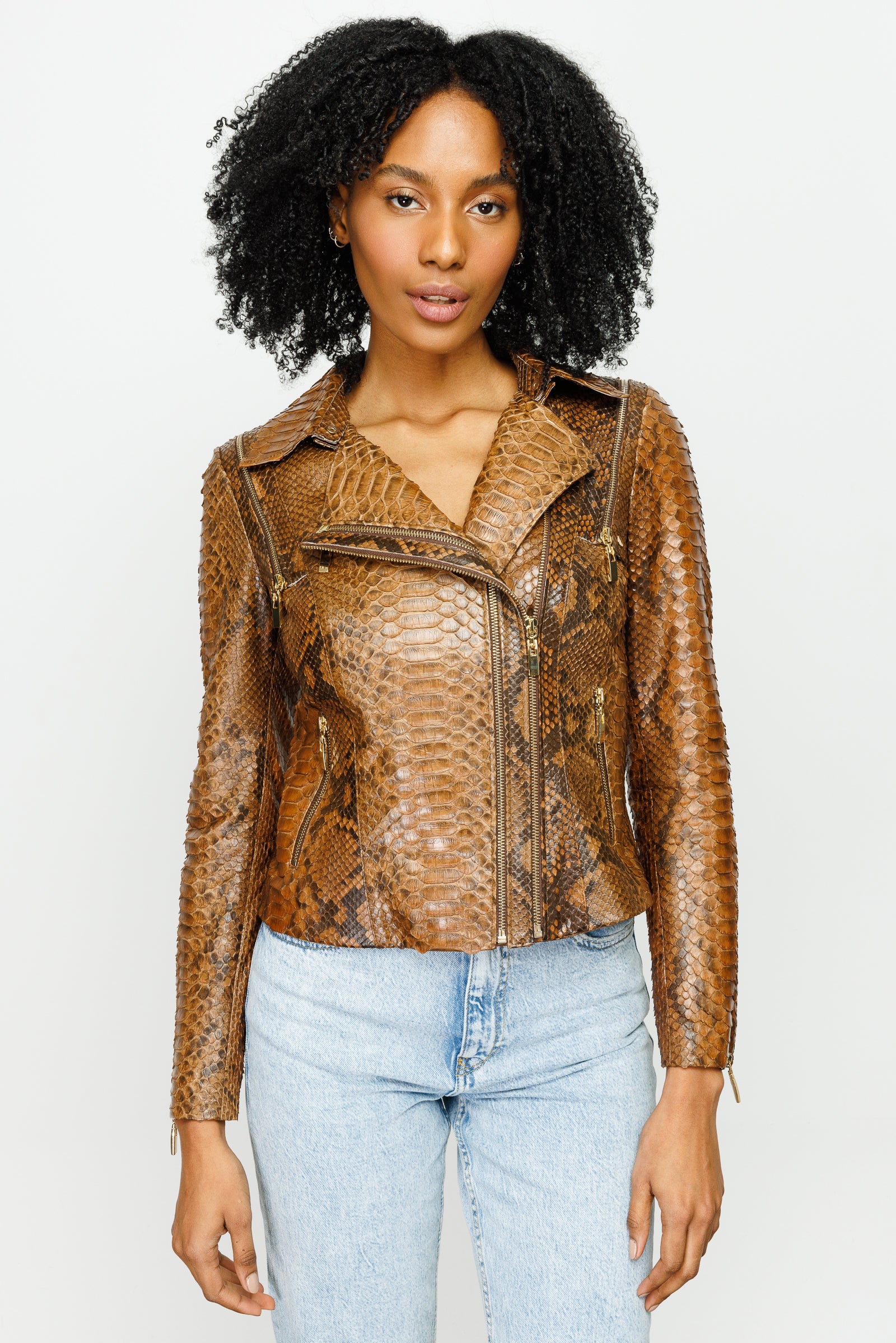 The Queen Pythn Skin Tan Leather Women Jacket - Image 6